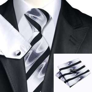 Tie Cufflink Sets DSTS-71081-Tie-Hanky-Cufflinks-Sets-Black-White-Handkerchief-Men-s-set-100-Silk-Ties-dappr