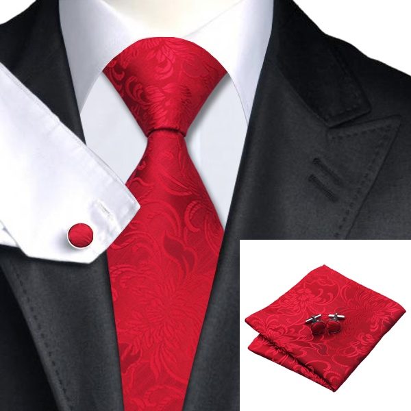 Tie hanky cufflinks set DSTS-7306-Red-Floral-Tie-Hanky-Cufflinks-Sets-Men-s-100-Silk-Ties-for-men-Formal