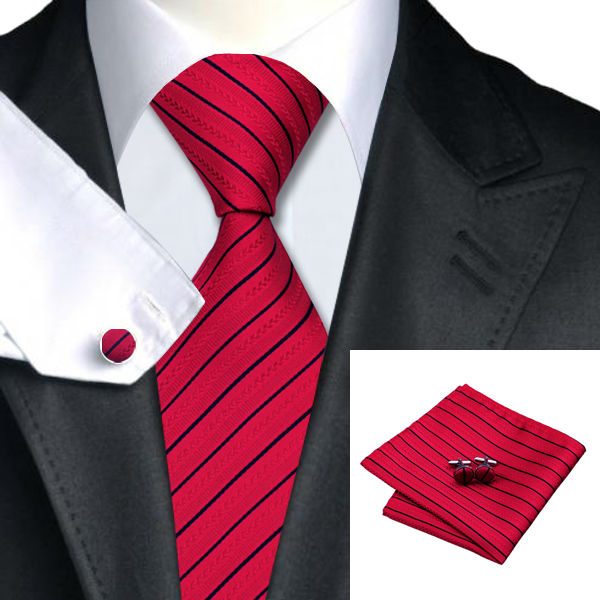 Classy Tie Sets DSTS-7357-Red-Tie-Black-Striped-Men-s-Silk-Ties-Tie-Hanky-Cufflinks-Sets-for-men