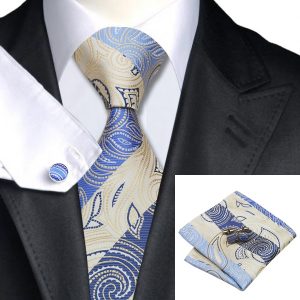 Classy Tie Sets DSTS-7492-Blue-Oldlace-Novelty-Tie-Hanky-Cufflinks-Sets-Men-s-100-Silk-Ties-for-men