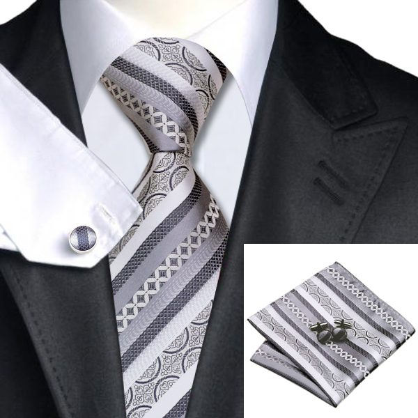 DSTS-7589-Formal-Tie-Sets-Tie-hanky-and-Cuflinks-set, Fashion-Gray-Silver-Stripe-Tie-Hanky-Cufflinks-100-Silk-Necktie-Formal-Tie sets-For-Men-Fashion-Business-Church