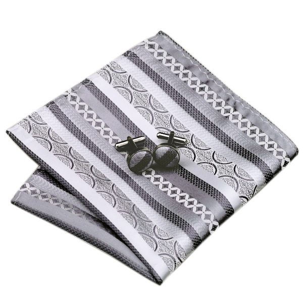 DSTS-7589-Formal-Tie-Sets-Tie-hanky-and-Cuflinks-set, Fashion-Gray-Silver-Stripe-Tie-Hanky-Cufflinks-100-Silk-Necktie-Formal-Tie sets-For-Men-Fashion-Business-Church